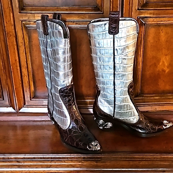 Giuseppe Zanotti Shoes - GIUSEPPE ZANOTTI DESIGN EMBELLISHED SILVER METALLIC & BROWN CROC BOOT! 7M - NIB!